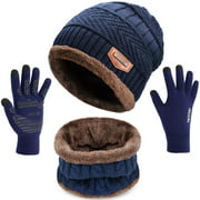 3Pcs Mens Winter Beanie Hat Scarf and Touch Screen Gloves Set Warm Fleece Lined Snow Knit Ski Cap