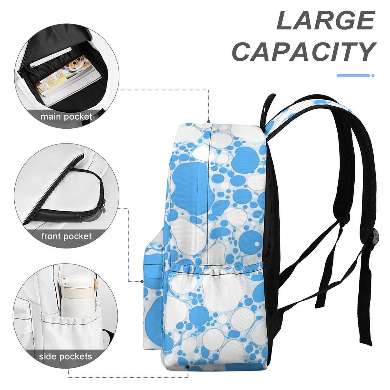 Large Capacity Half Print Backpack 11.8×16.5×5.9in Multifunctional Zipper Design Convenient Switch Milk Cow Skin Print Style PowDerBlue_4