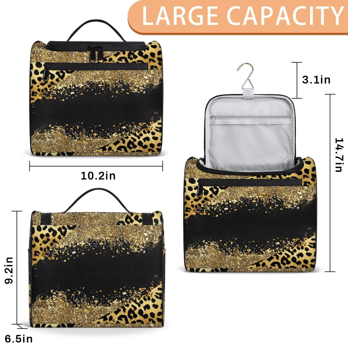 Herdesigns Leopard Cheetah Toiletry Bag for Women, Travel Makeup Bag, Waterproof Hanging Cosmetic Organizer for Toiletries & Makeup Essentials