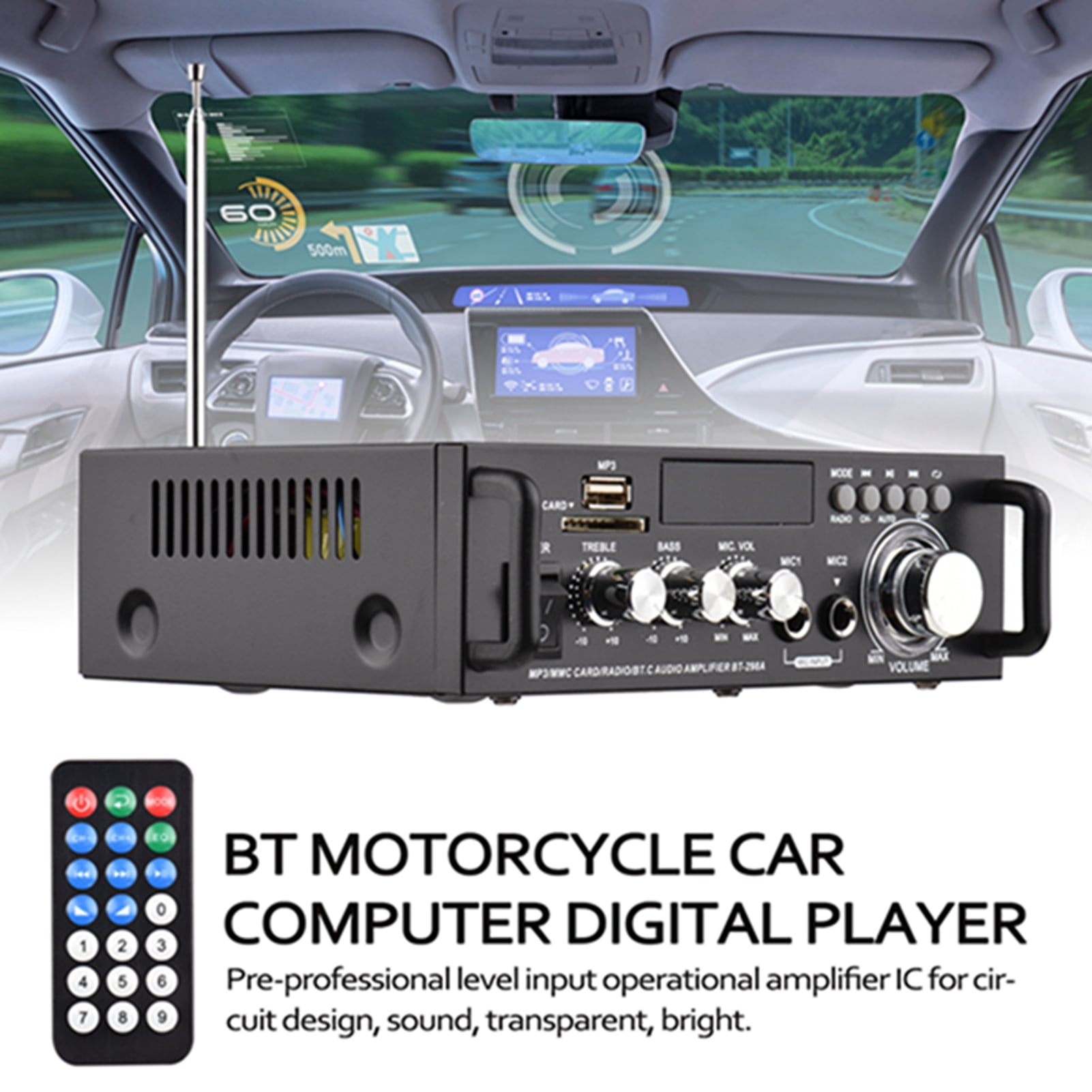 Audio 12V / 220V Mini Audio Power Amplifier 2CH 300W+300W For Car Home Use BT Digital Audio Receiver AMP USB Memory Card Slot Digital MP3 Player FM Radio LCD Display Dual Mic Input
