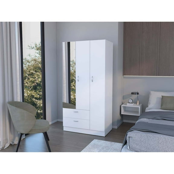 FM FURNITURE Eloy Modern Wardrobe with Ample Storage,a mirror, two Drawers, Four Shelves, and Hanging Rod