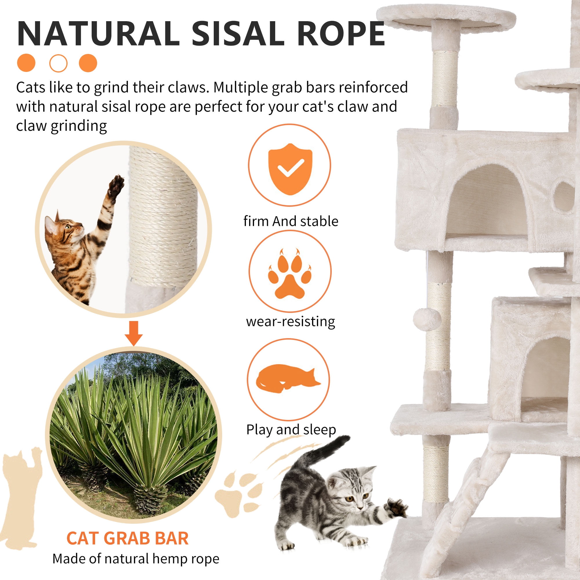 NiamVelo 54-in Double Condo Cat Tree Tower Playhouse with Scratching Post & Perch for Indoor, Beige