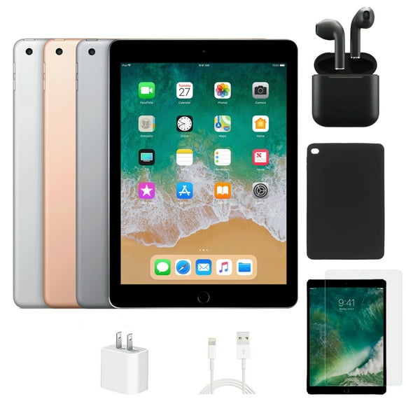Refurbished Apple iPad 6th Gen A1893 (WiFi) 32GB Space Gray (Grade A+) Bundle with Case, Wireless Earbuds,Tempered Glass Screen Protector