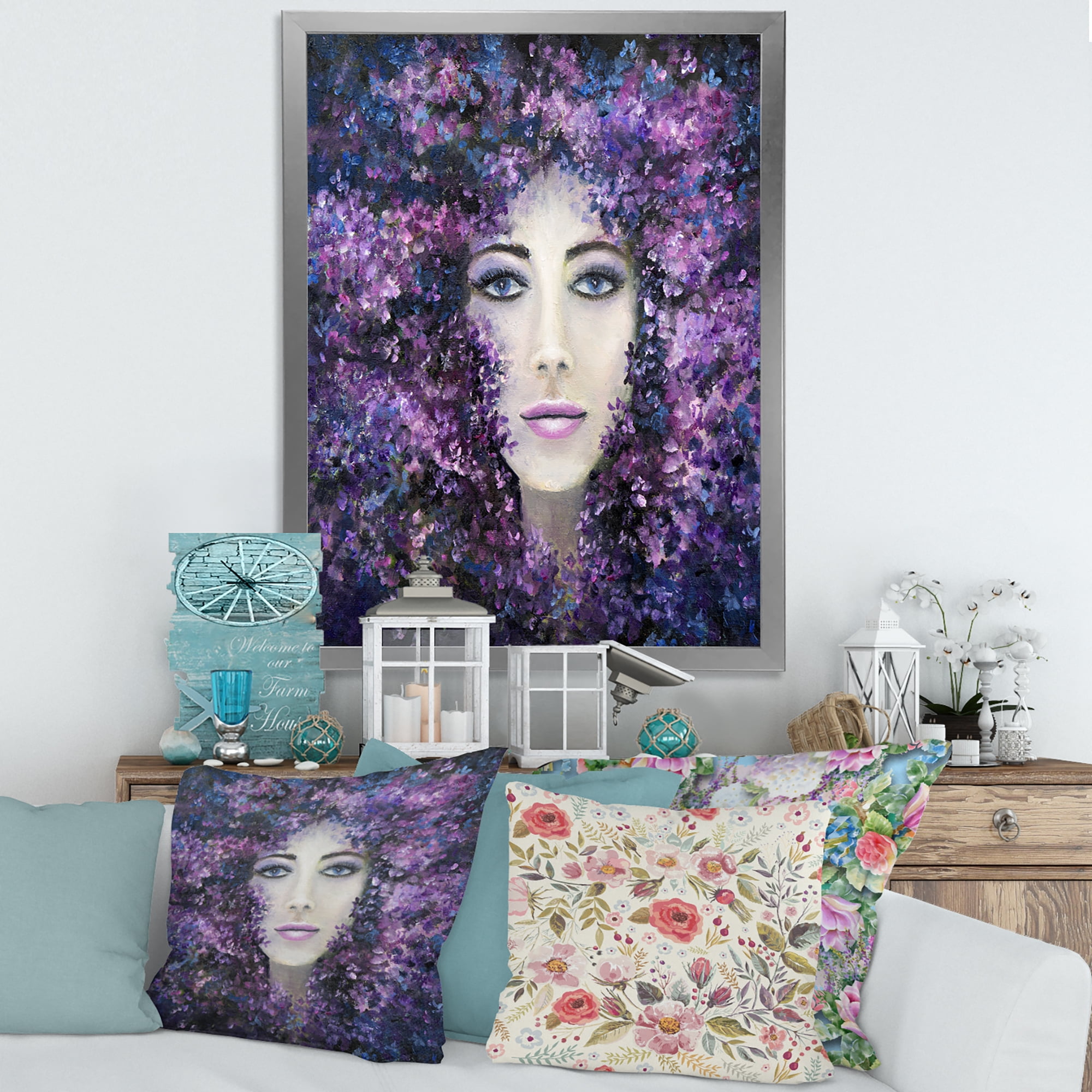 Designart 'Portrait of A Lady With Purple Lavender Flowers' Modern Framed Art Print
