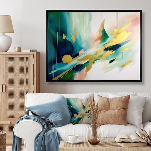 Designart "Motion Of Green And Gold In Geometric Design IV" Modern Geometric Floater Framed Canvas Prints