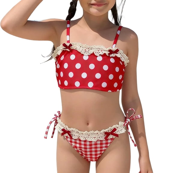 ITSAME Girls Bikinis Set, Polka Dot Print Top and Striped Print Briefs 2-Piece Summer Quick-Dry Beach Swimsuit Red Size 12