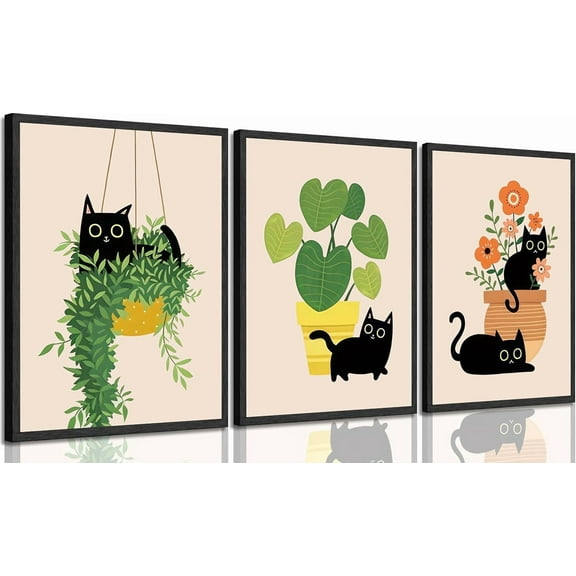 Boho Black Cat Botanical Canvas Wall Art Funny Cute Animal Picture Wall Decor Green Leaves Plants Minimalist Aesthetic Animal Poster Print Artwork for Living Room Bedroom Office Home Decoration
