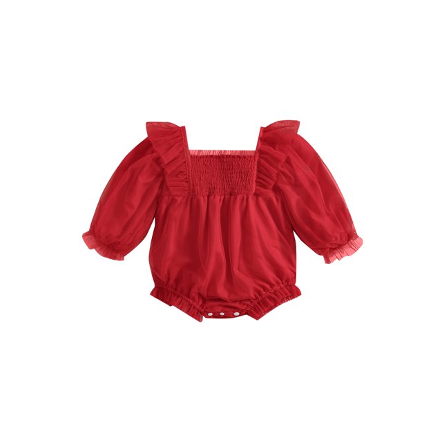 xiaxaixu Baby Girl Fall Romper Ruffle Long Sleeve Square Neck Solid Color Mesh Bodysuit Newborn Playsuit