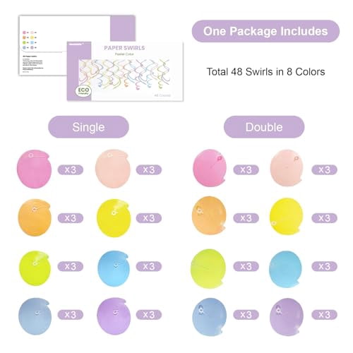 Pastel Paper Swirl Decorations, 48-Piece Hanging Ceiling Streamers for Birthday Party, Spring, Bridal Shower, Gender Reveal, Wedding, or Everyday Celebration Decorations