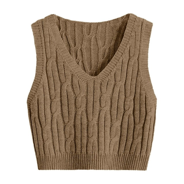 Chaleco de mujer, cuello en V, tejido de punto trenzado, sin mangas, corte holgado, color liso, tallas S-M-L