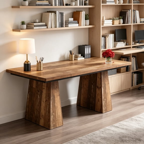 Wooden Office Desk with Plank-Style Legs, Rectangular Farmhouse Computer Writing Desk Workstation for Home Office Study Room, Rustic Natural Wood Finish