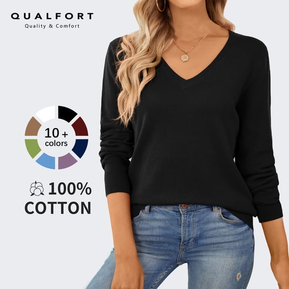 QUALFORT Women’s 100% Cotton V-Neck Pullover Sweater, Long Sleeve Lightweight Sweater for Women, Soft Classic Solid Color Knit Top