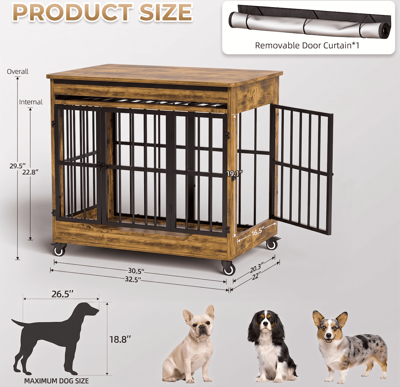 Xiweot 32" Dog Crate Furniture, Wooden Dog Kennel with Double Doors & Wheels, Indoor Pet Cage End Table for Small & Medium Dogs, Dog Kennel Furniture with Privacy Curtain, Size M, Rustic Brown