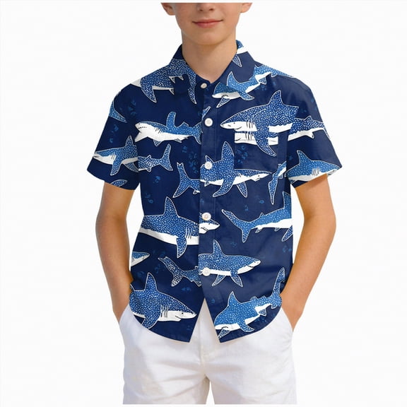 Kogui Little Boy Hawaiian Shirt Boys Short Sleeve Shirt Lightweight Fabric Outdoor Size 7-8 (Dark Blue,7-8 Years)