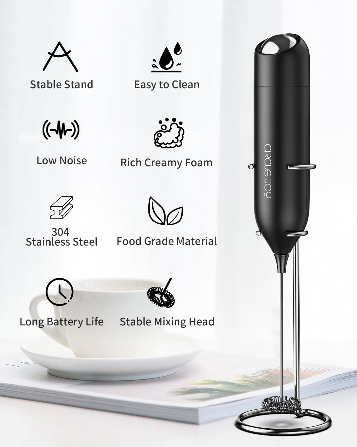 FRKSMD-Milk Frother Hanheld with Stand, Electric Coffee Frother, Battery Operated Hand Frother Wand Drink Mixer Mini Foamer for Matcha Lattes Cappuccino, Kitchen Gifts, Black