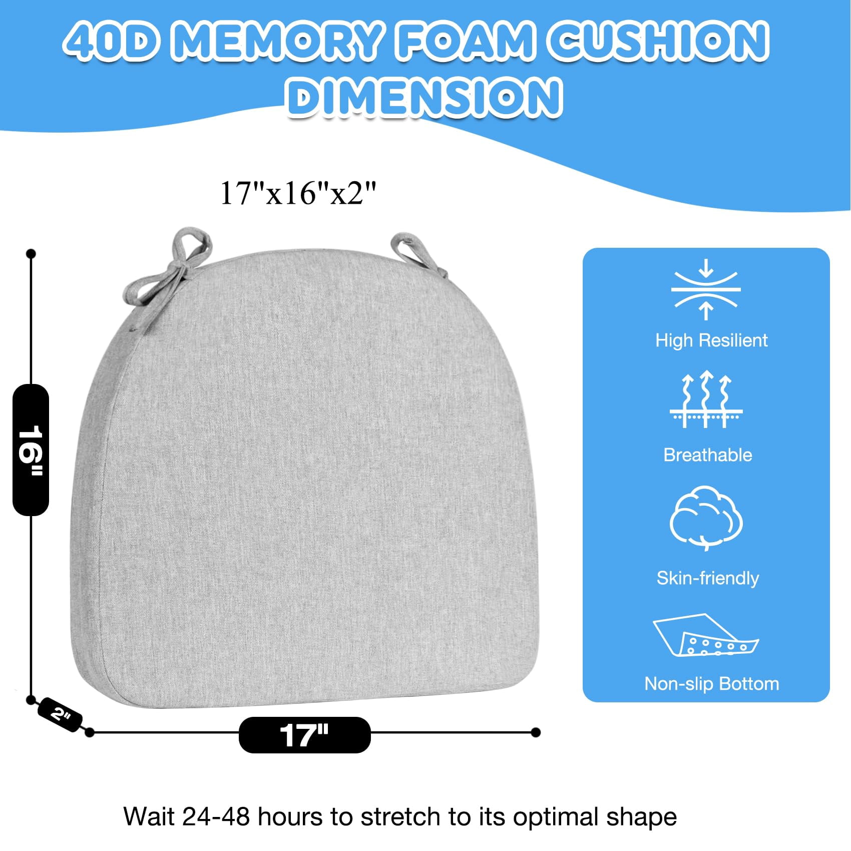 Chair Cushions for Dining Chairs Set of 2, D-Shaped 17" x 16" Memory Foam Seat Cushions, 2" Thick Olefin Kitchen Chair Pads with Ties & Non-Slip Backing, Light Gray