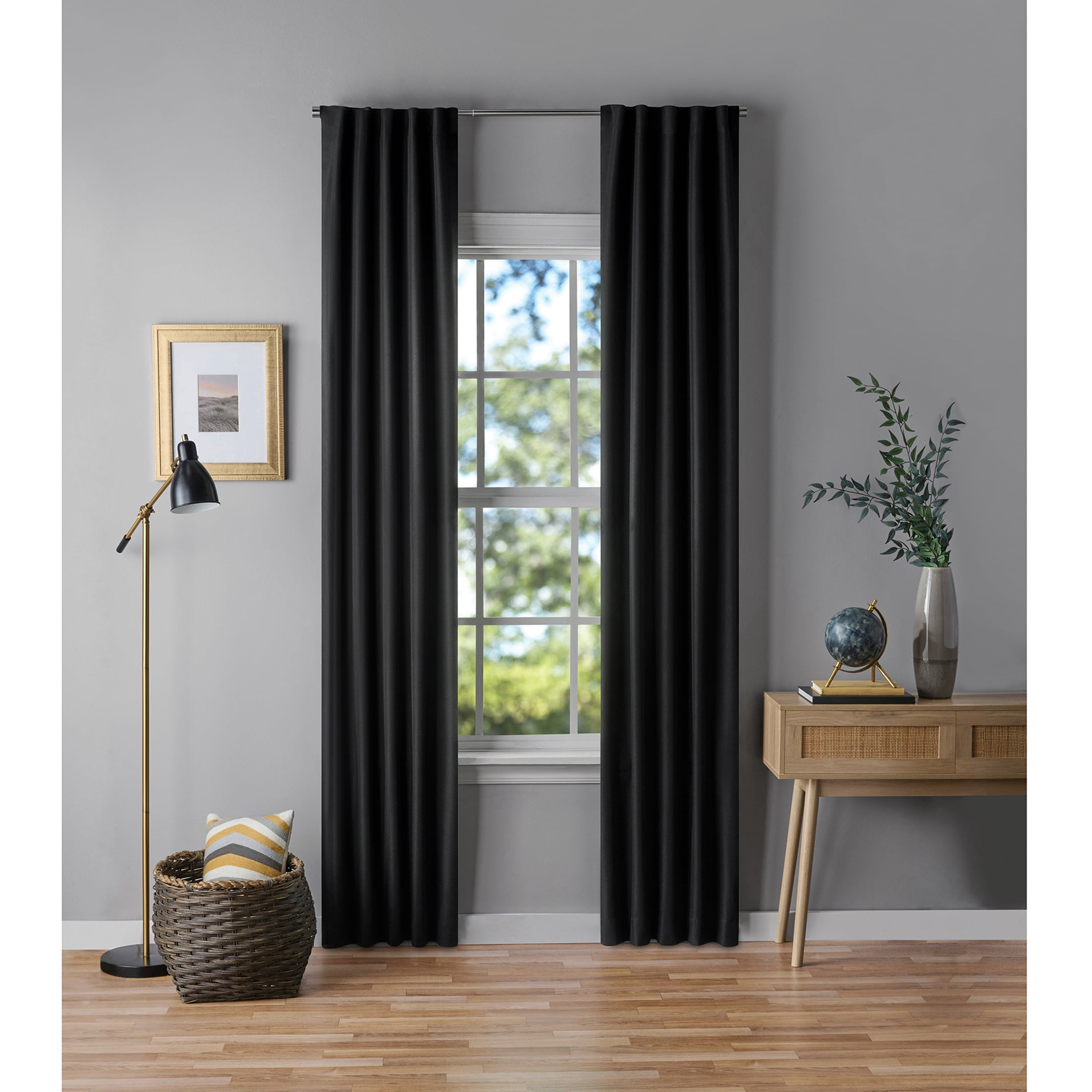 Mainstays Black 100% Blackout Curtain Panel Pair, Rod Pocket with Back Tabs, Set of 2, 30 in W x 95 in L