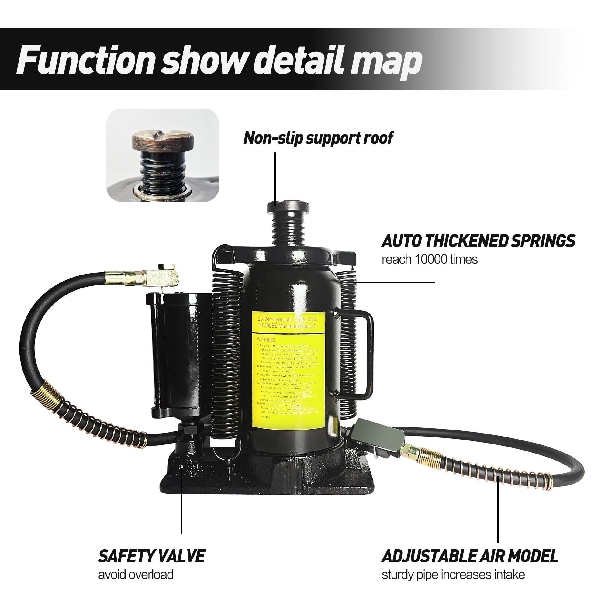Heavy-Duty 20-Ton Air Hydraulic Bottle Jack with 10.23 to 20.07 Inch Lifting Range, Jack for Truck and Auto Repair, Black