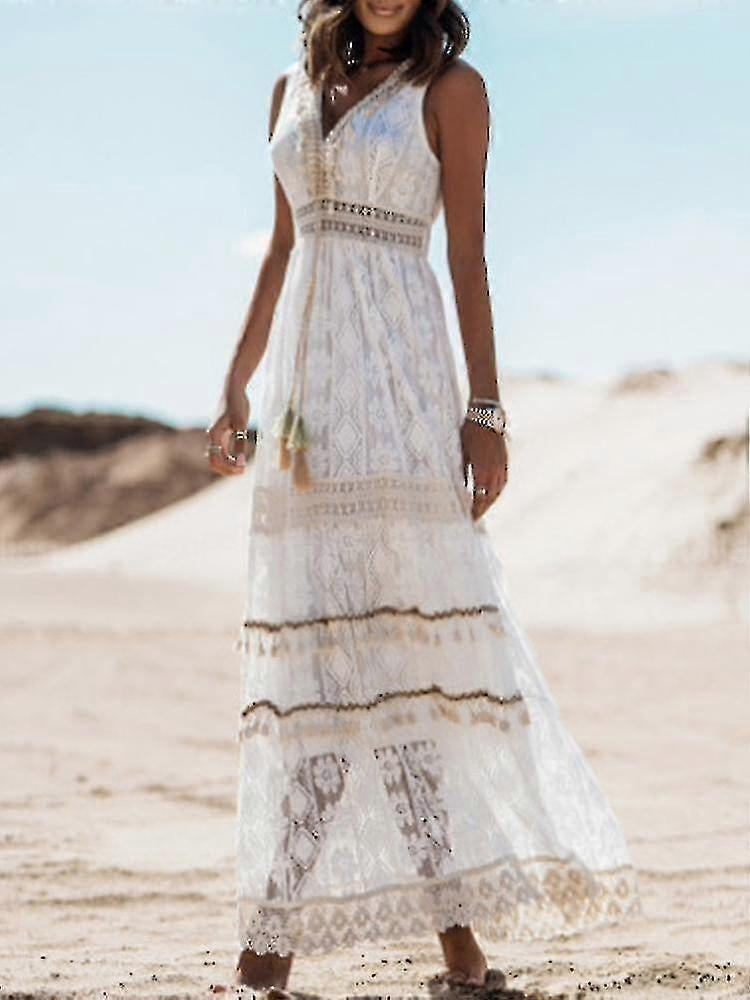 Summer Boho Long Dresses Women Lace V Neck Spaghetti Strap Dress Lady Off  Shoulder Beach Sundress White Dress - Walmart.ca