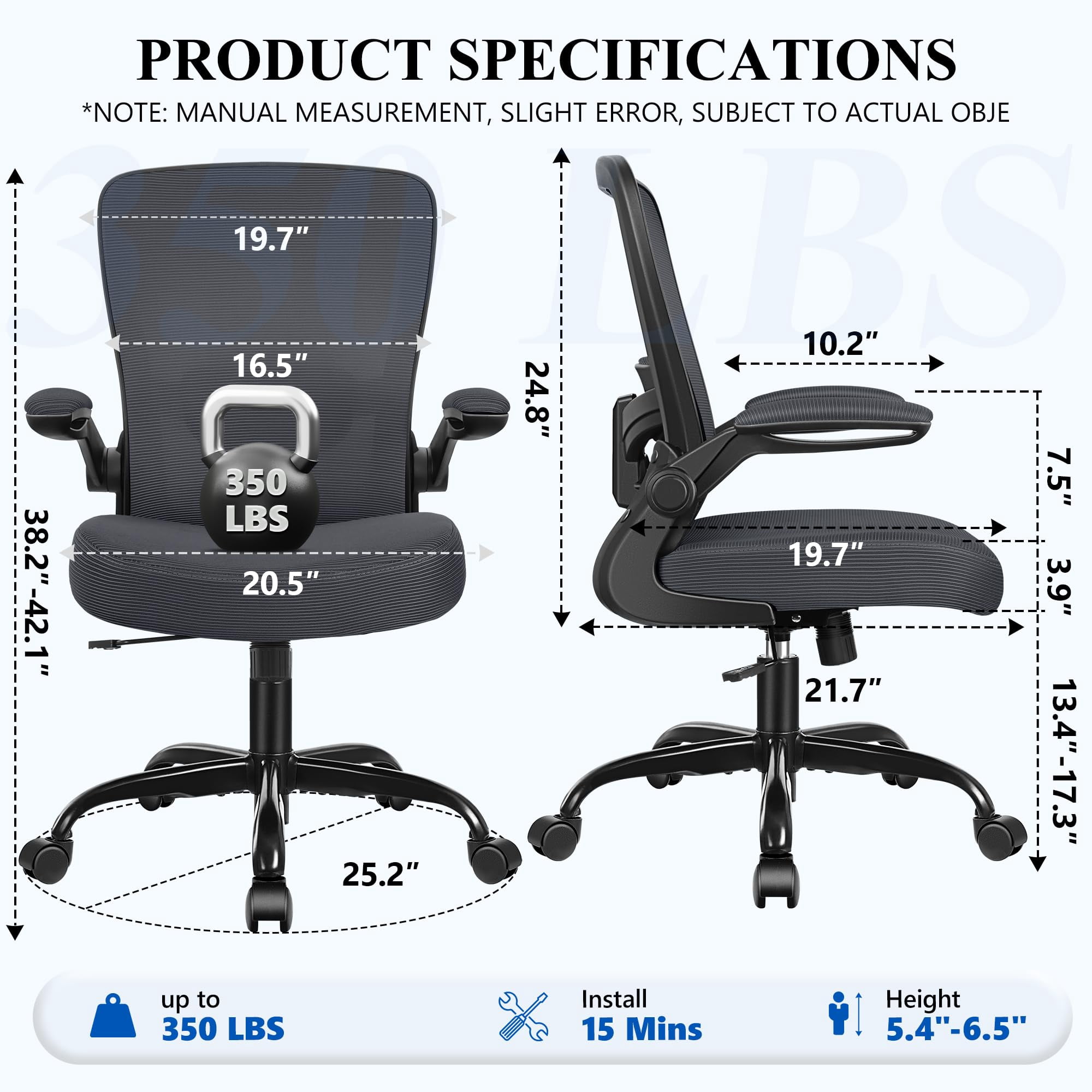 Office Chair, Ergonomic Desk Chair Breathable Mesh Chairs Adjustable High Back Lumbar Support Flip-up Armrests, Executive Rolling Swivel Comfy Computer Chairs Home Office Black