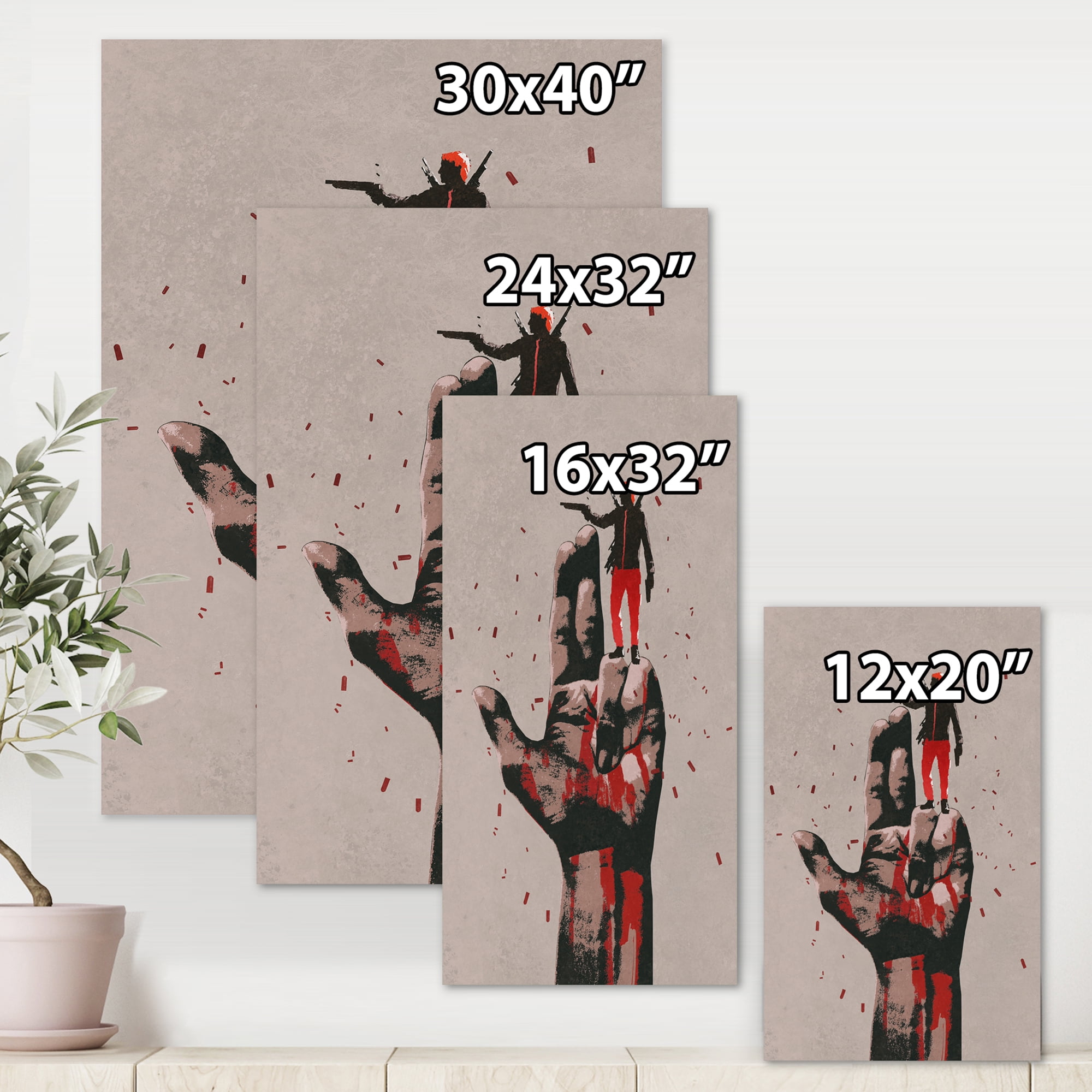 Gun Hand Sign With Man Shooting Gun 12 in x 8 in Painting Canvas Art Print, by Designart