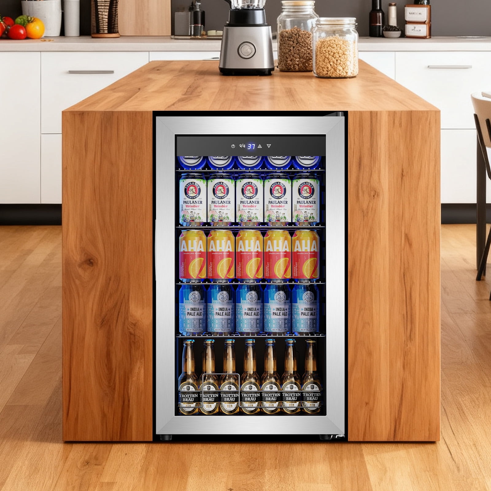 Nipus 17.52 inch Beverage Refrigerator Cooler,130 Cans Capacity  Mini Fridge with Glass Door for Soda Wine Beer, with Adjustable Removable Shelves, Silver