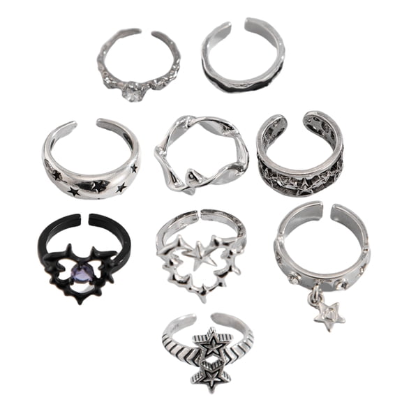 9pcs Stylish Gothic Rings Set for Men and Women Thorn Silver Collection with Unique Heart Snake and Skull Designs