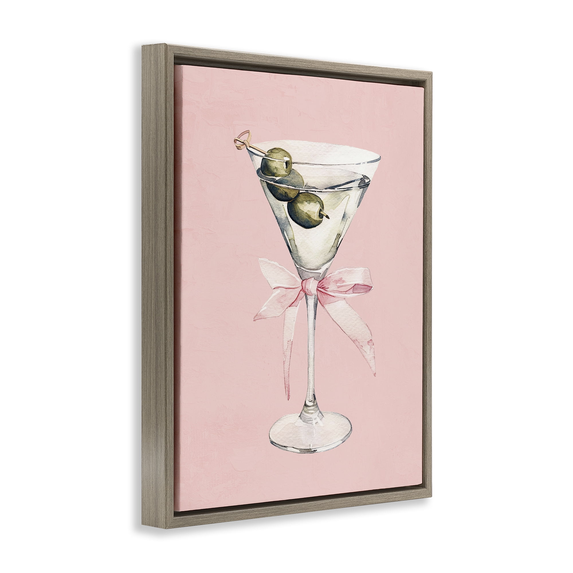 Stupell Industries Martini with Pink Bow Brown Framed Floater Canvas Wall Art, design by Kim Allen