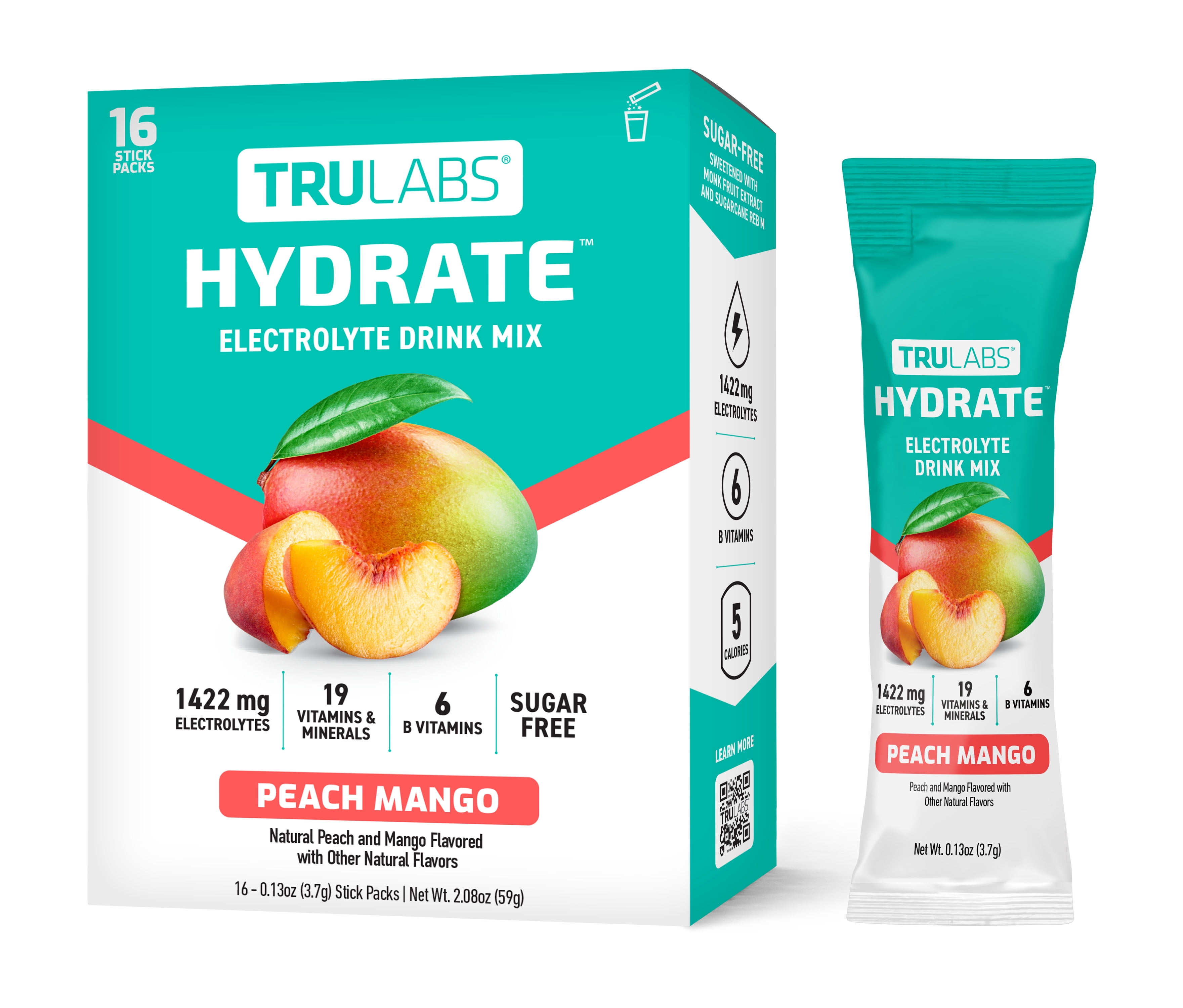(3 pack) TruLabs Hydrate Powders Peach Mango, Electrolyte Drink Mix, 16 Stick Packets