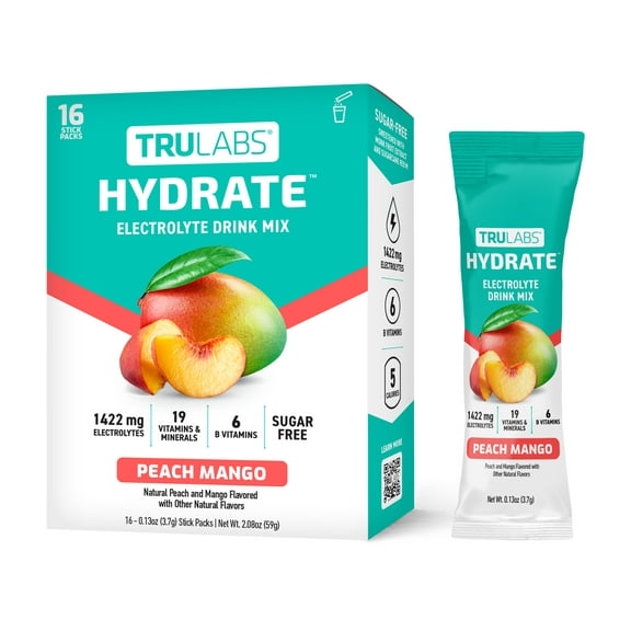 TruLabs Hydrate Powders Peach Mango, Electrolyte Drink Mix, 16 Stick Packets