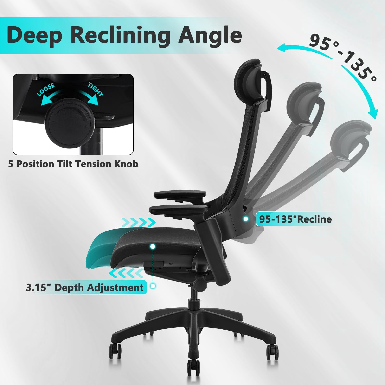 CLATINA Ergonomic High Swivel Executive Chair with Adjustable Height Head 3D Arm Rest Lumbar Support and Upholstered Back for Home Office Black Mesh/High Back