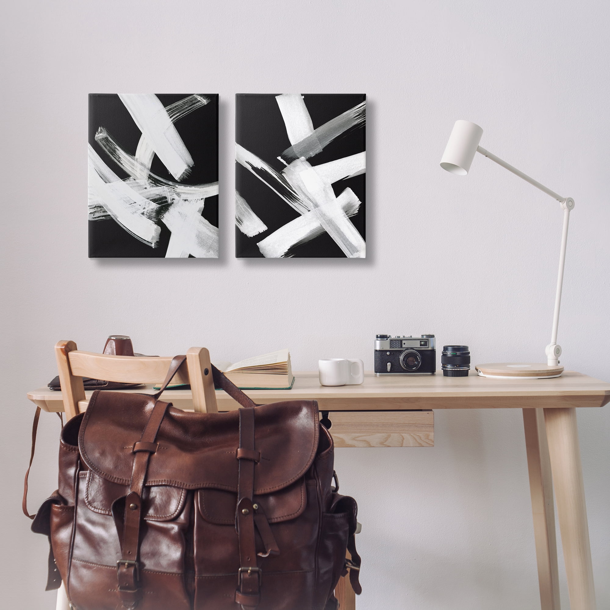 Stupell Industries Abstract Lines White on Black Abstract Painting Wrapped Canvas Art Print Wall Art, 16 x 20, Set of 2