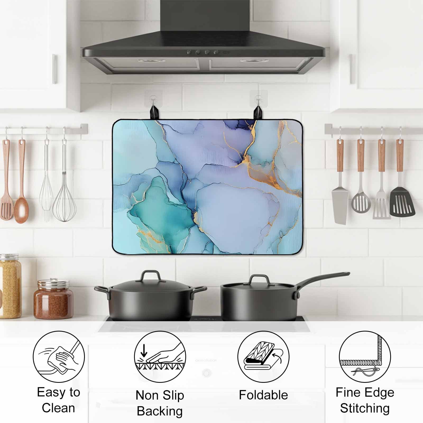 Teal Stove Top Cover for Electric Stove, Heat-proof & Non Slip Glass Top Stove Cover Protector, Abstract Modern Marble Ink Painting Art Kitchen Flat Cooktop Rubber Mat 24x21 Inches