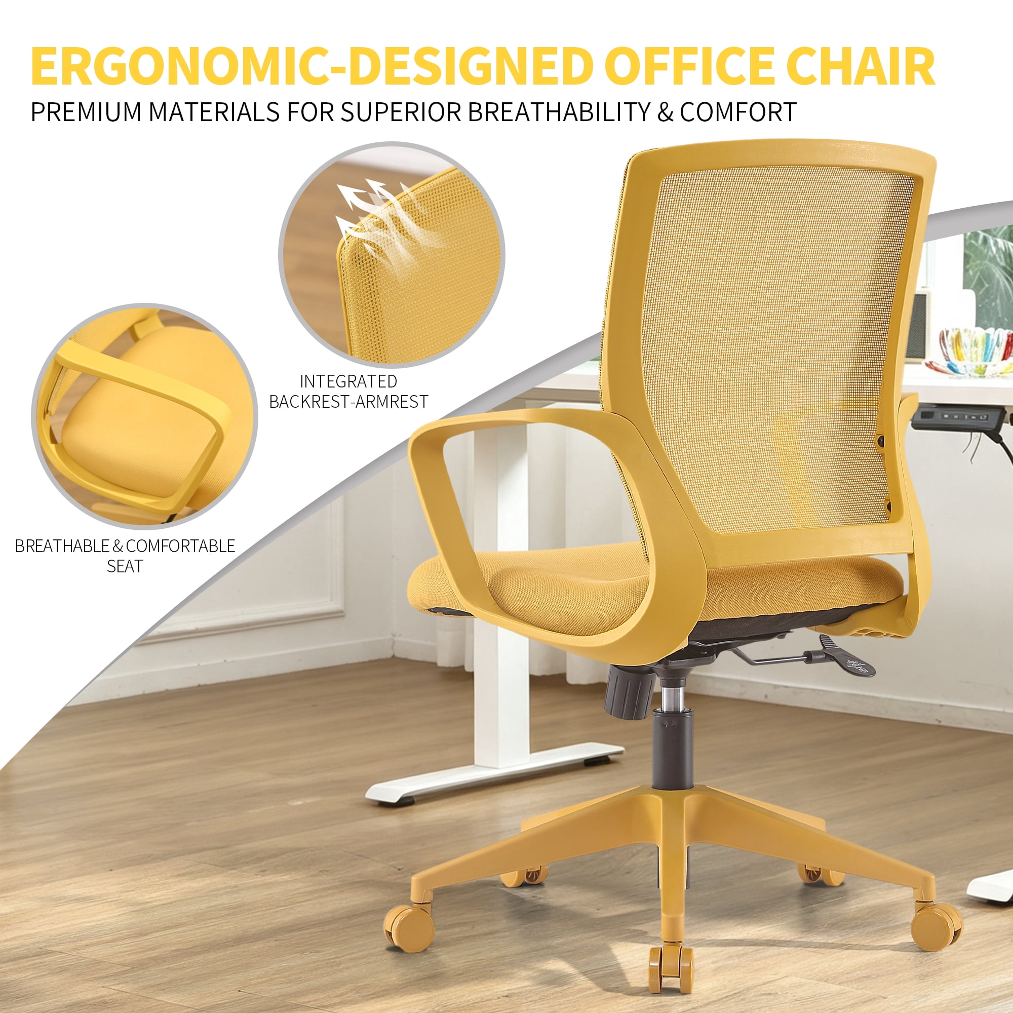 Colorful Office Task Chair 350LBS, Home Office, Mesh Back,Comfortable Sitting, Fixed Armrest, Swivel, Height Adjustable Chair (Yellow)