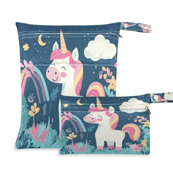 2 PCS Wet Dry Bags for Baby Cloth Diapers Reusable Waterproof Wet Bags for Stroller, Travel & Gym Cute Unicorn with Rainbow Hair