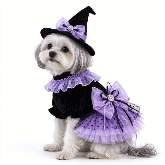 Elegant Sweet Fashion Puppy Dog Blingbling Princess Skirt Pet Dog Lace Cake Camisole Tutu Dress Purple with Witch Hat