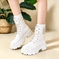 thumbnail image 2 of PFWOWB Women's Patent Platform Combat Boots with Lace Up Front, Studded Buckle Straps and Chunky Lug Sole (White,6), 2 of 5