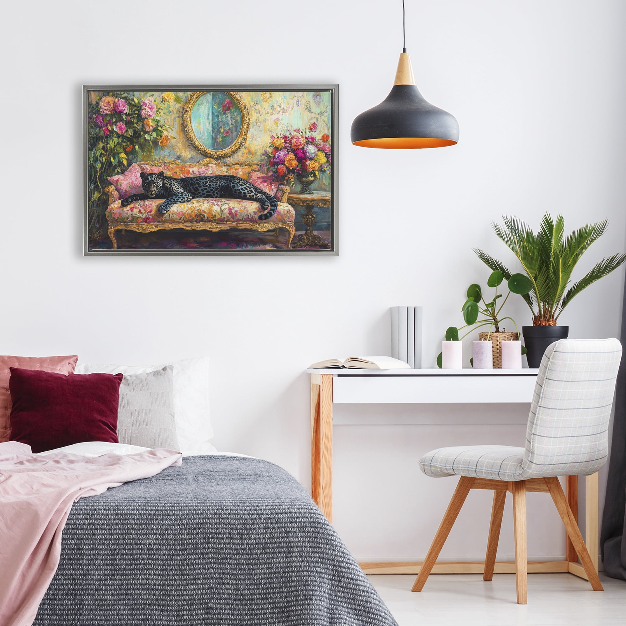 Stupell Industries Lounging Leopard on Floral Sofa Gray Framed Floater Canvas Wall Art, design by Petal Prints Design