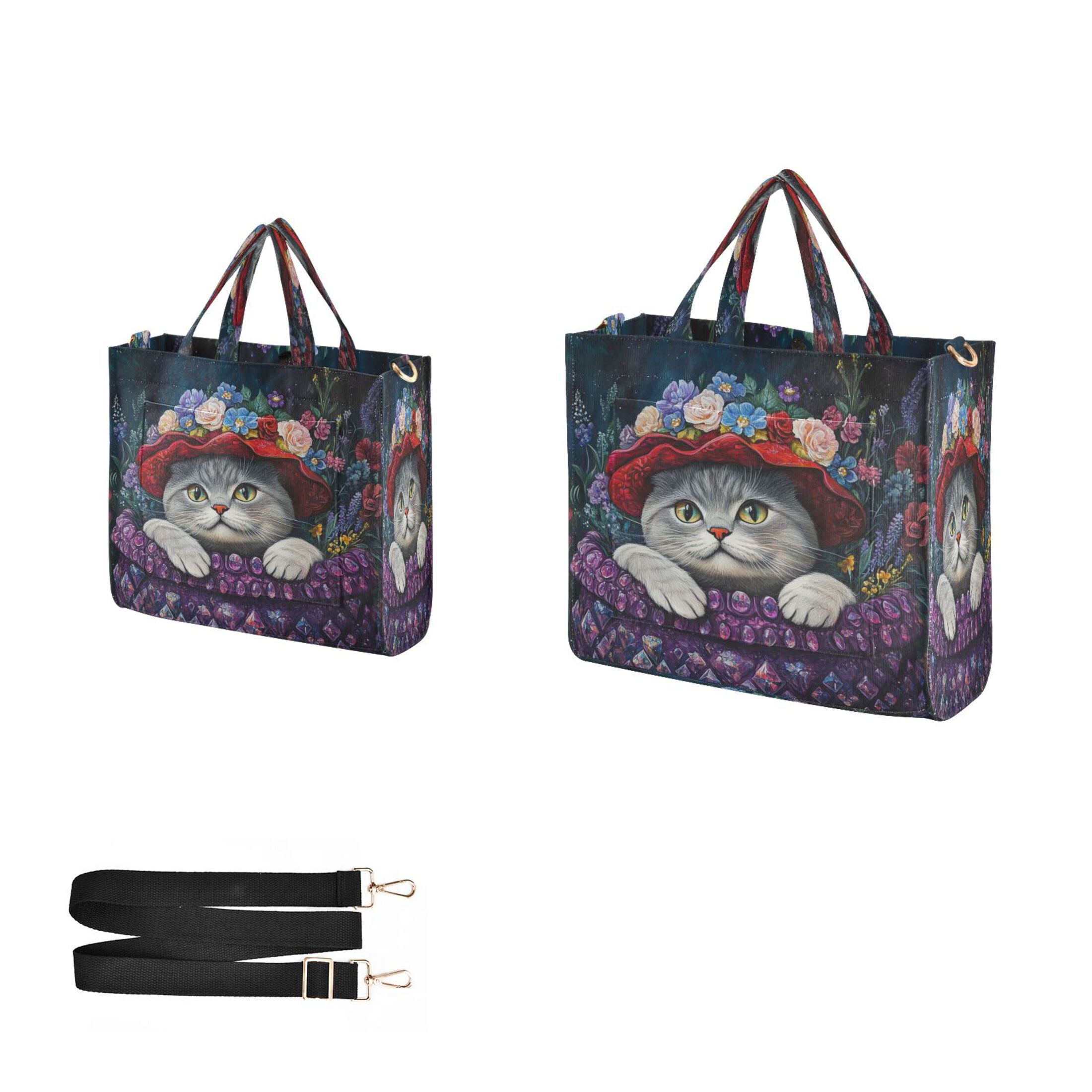Wobogo Cute Cat Wearing Wreath Corduroy Tote Bag for Women Travel Crossbody Bag Purse Women Shoulder Bags Work Handbags Daily Commuter Bag 10.2×9inch