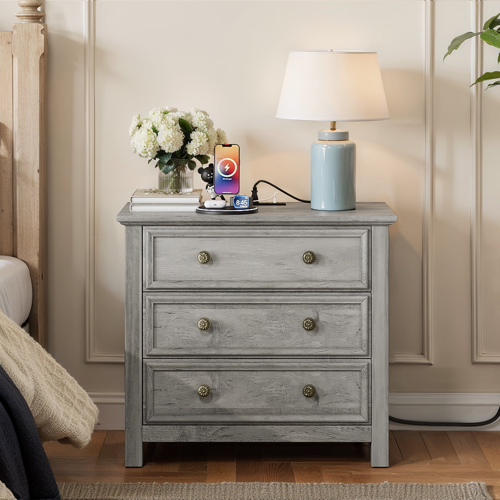 Holliwill 26.7" Wide Nightstand Set of 2 with Charging Station, Farmhouse Nightstands with 3 Drawers, End Table Bedside Table for Bedroom Enrtyway Living Room, Gray