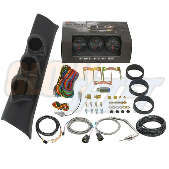 GlowShift | 2nd Gen 1994-1997 Dodge Ram 5.9 Cummins Black Triple Pillar Pod with Black 7 Color Series 60 PSI Boost Gauge, 2400 Pyrometer EGT Gauge & Trans Temp Gauge