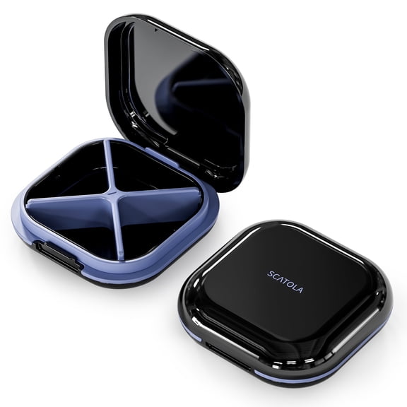 ONTERATE Small Pill Case, Travel Pill Box, Portable Pill Organizer, Pill Container for Pocket 4 Compartments, Daily Compact Travel Medicine Holder for Vitamins Medication (Black)