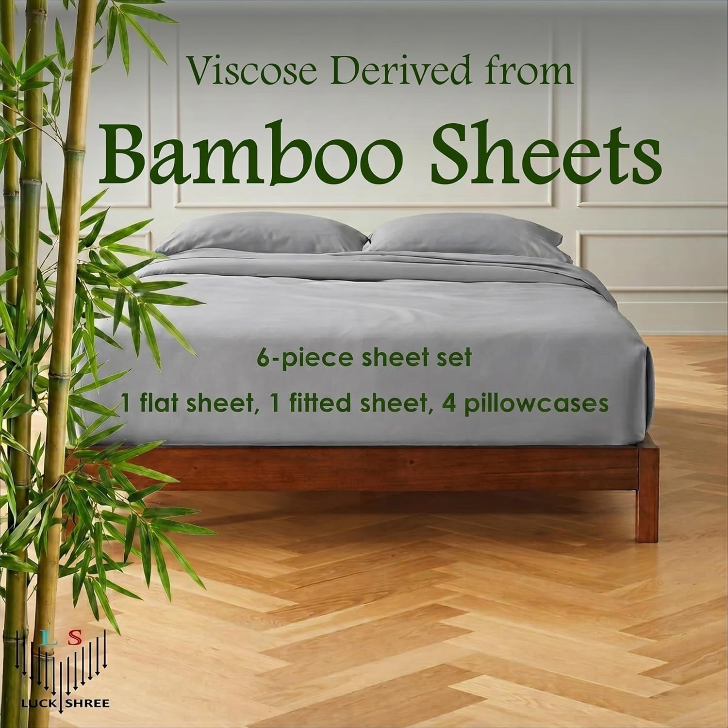 100% Viscose from BAMBOO 6-Piece Sheets Set Short King Size - 1000 Thread Count - 4 Pillowcases Included - 10" Deep Pocket - Light Gray