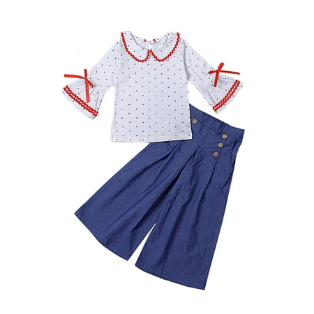 

Dooleck Toddler Baby Girl Jean Flare Sleeve Doll Collar Shirt Denim Wide Leg Pant Outfit