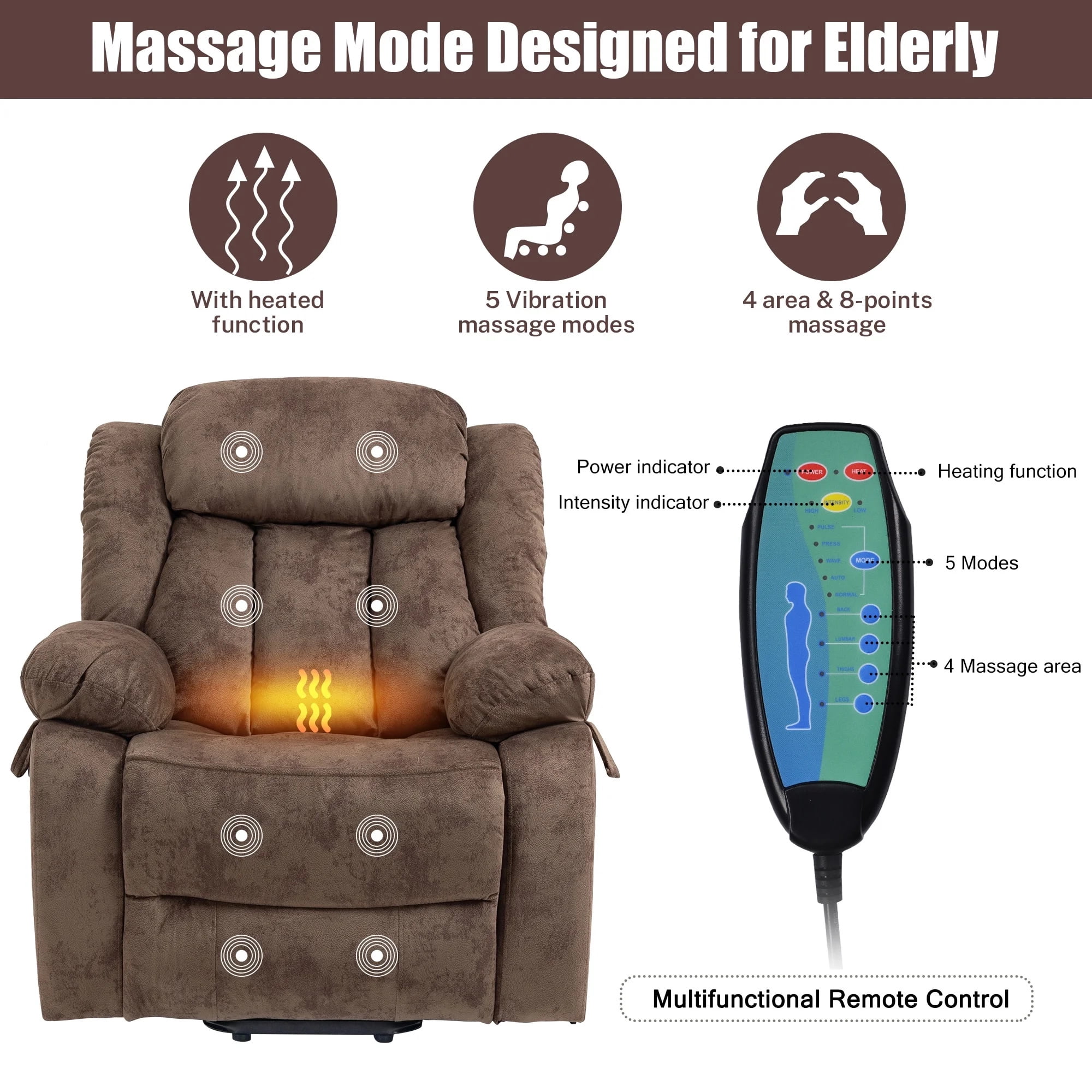 Aukfa Power Lift Recliner with Massage&Heat for Elderly, 23" Deep Seat Armchair, Infinite Position, Brown
