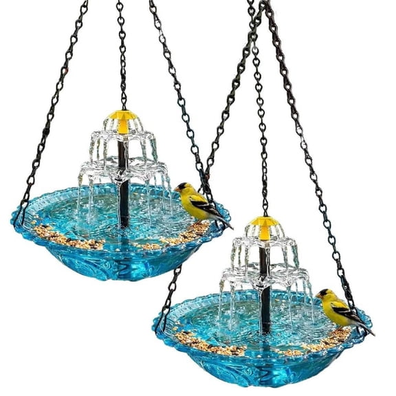 Solar Cascade Hanging Bird Bath Fountain, Outdoor Hanging Bird Bath with Solar Fountain, Large Humming Birds Baths Fountains, with Solars Pump & Glass Bowl, for Outdoor, Gardens(Blue*2)