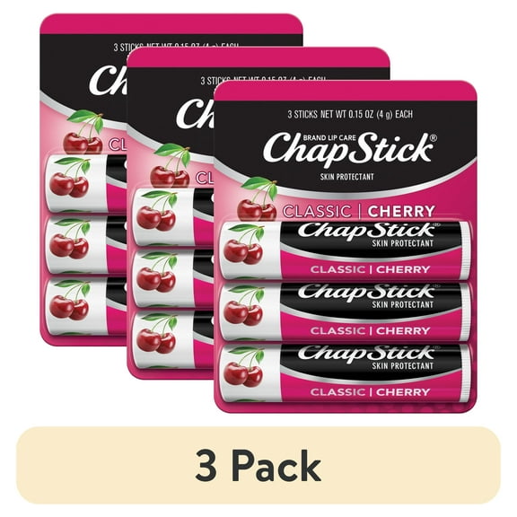 (3 pack) ChapStick Classic Cherry Flavored Skin Protectant Lip Balm Tube, 0.15 oz, 3 Pack