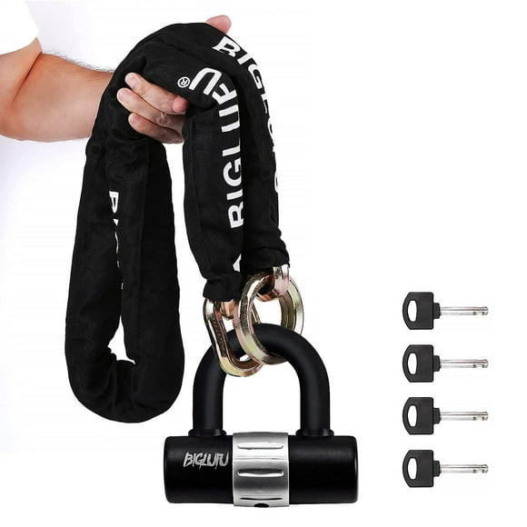 BIGLUFU Motorcycle Chain Lock 150cm/5ft Heavy Duty Bike Chain Lock Anti-Theft Durable Cut Proof 14mm Thick Security Bicycle Chain with 4Keys 16mm U Lock for Moped,Scooter,Motorcycles