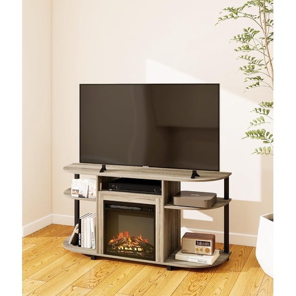 Engineered Wood Small Fireplace TV Stand, Farmhouse Entertainment Center with 5 Shelves for TVs Up to 55", Modern TV Stand for Bedroom, Living Room