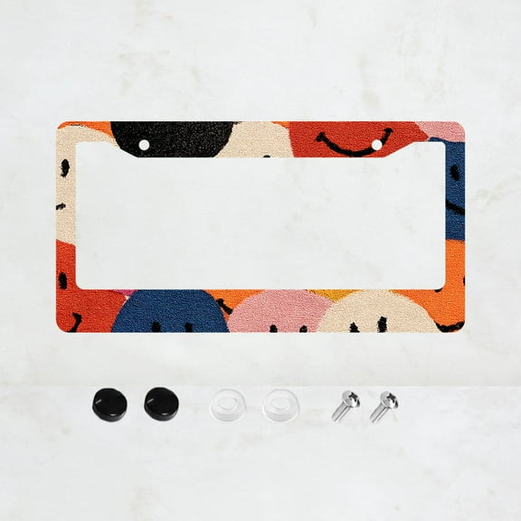 1pc Colorful Smiley Face Pattern 2 Hole License Plate Frame, Aluminum Material, 6x12 Inches, with Screw Kit, Fun Cartoon Car Decoration Gift, Fits US Standard License Plate Size